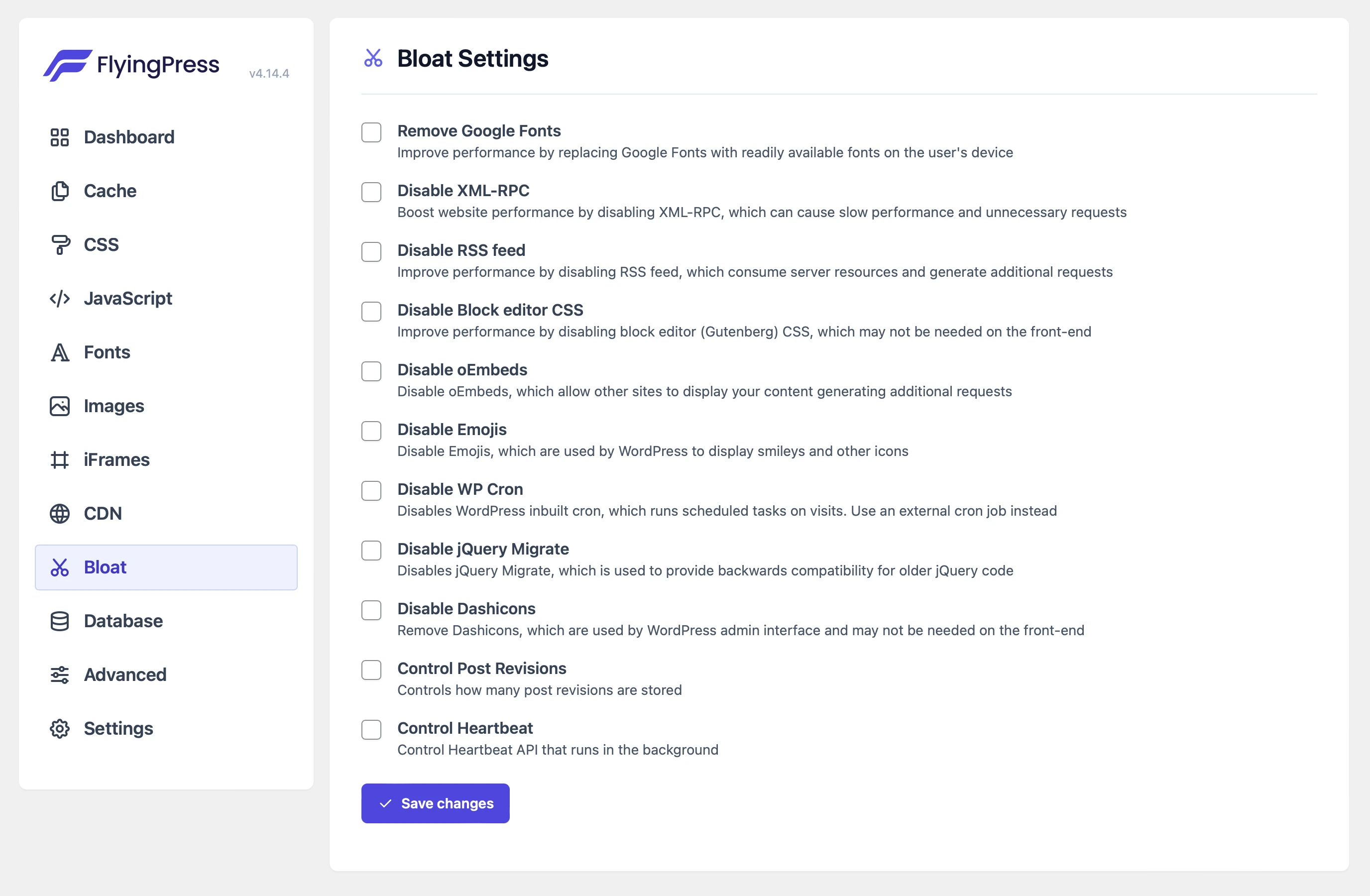screenshot of the bloat settings tab