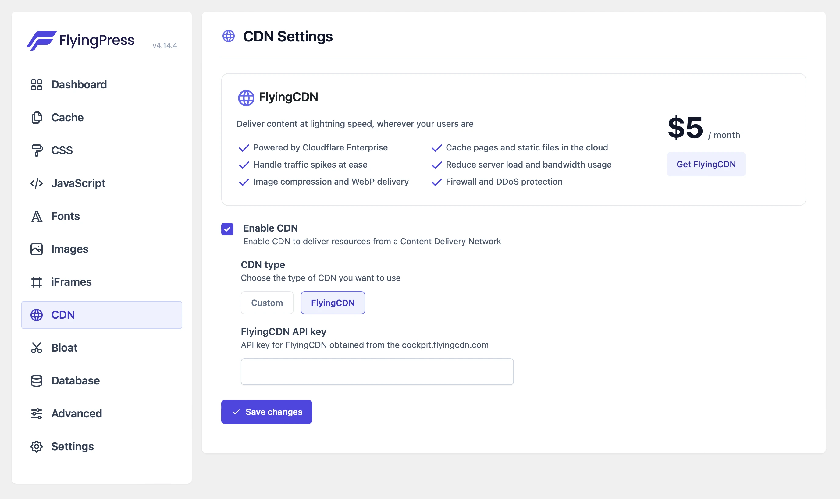 screenshot of the CDN settings tab