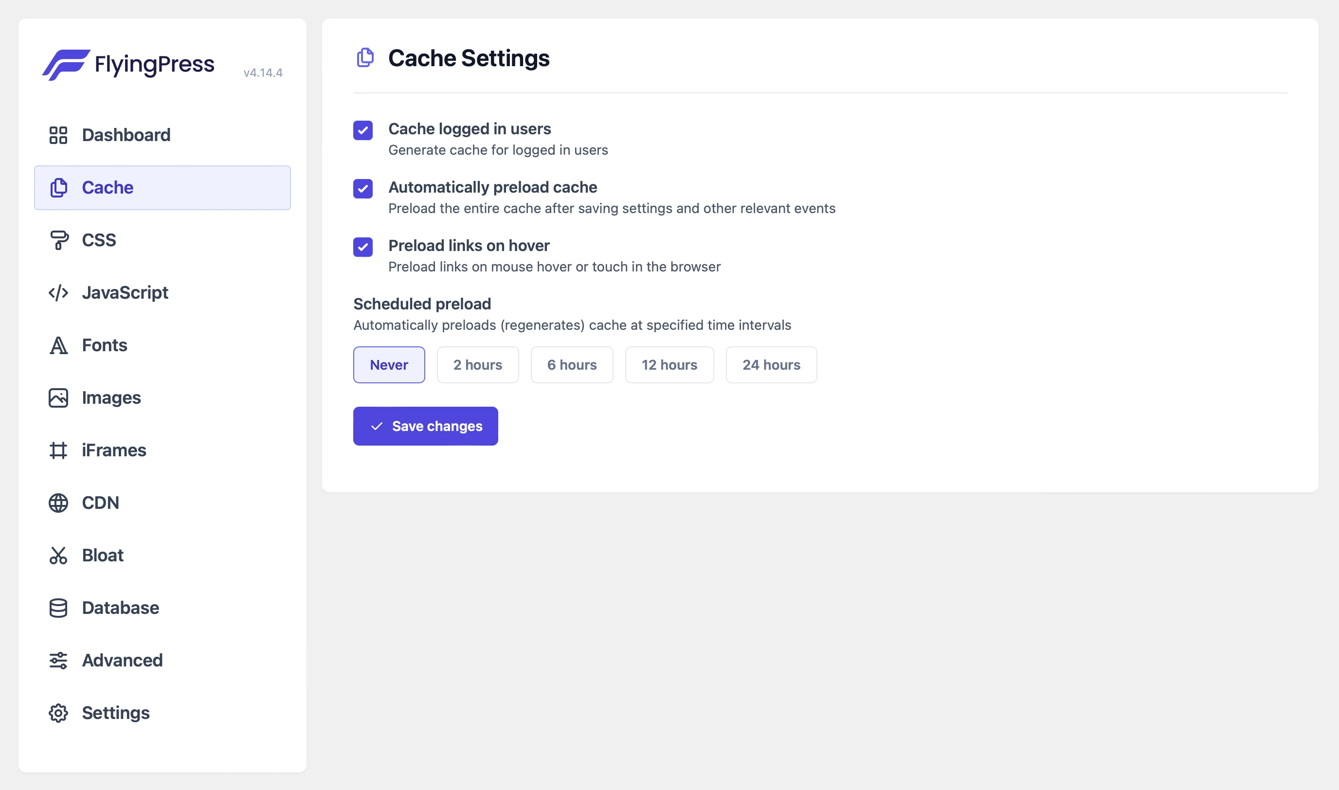 screenshot of cache settings tab
