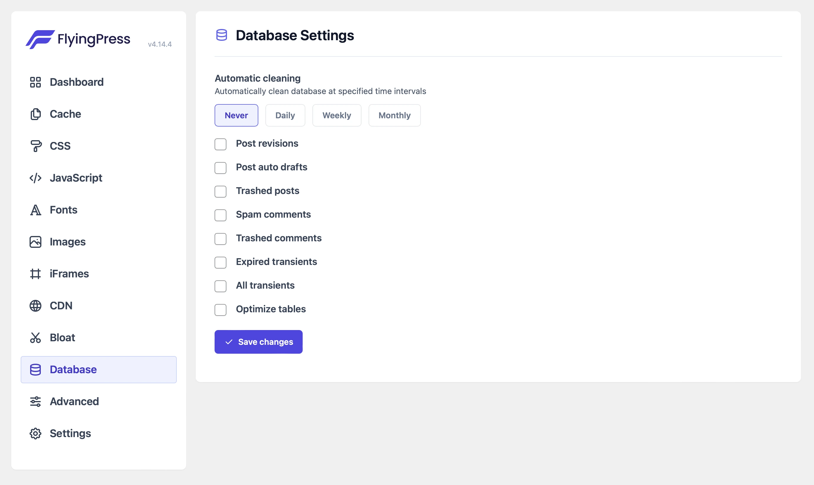 screenshot of the database settings tab