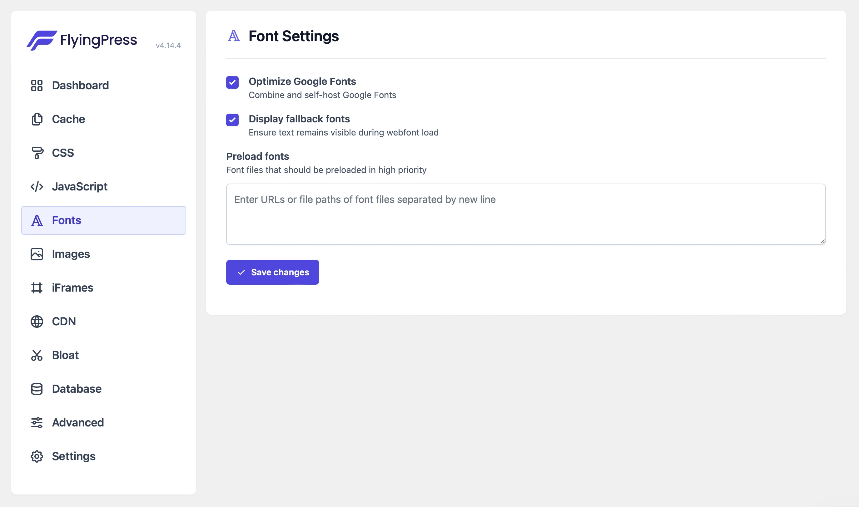 screenshot of the fonts settings tab