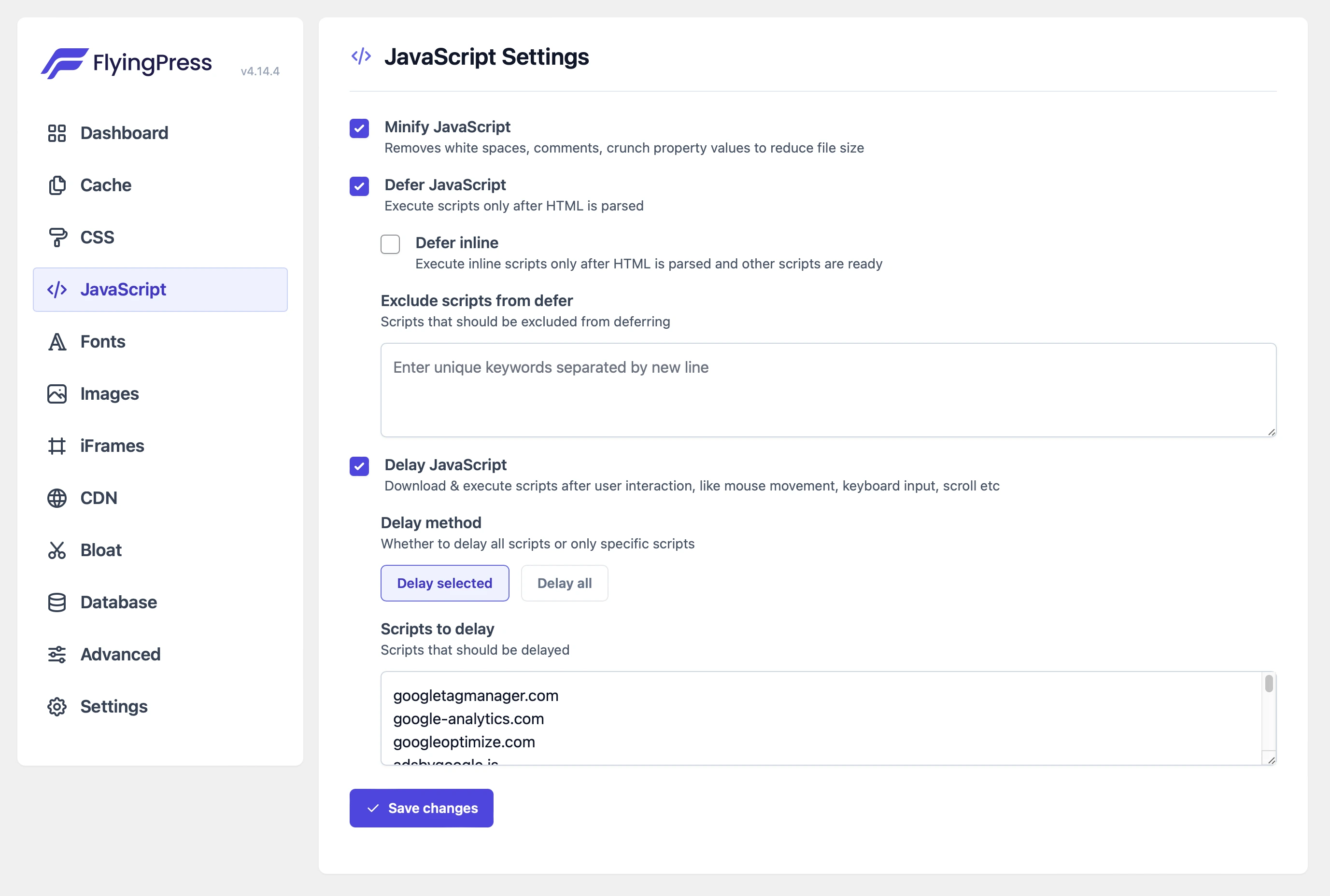 screenshot of the javascript settings tab