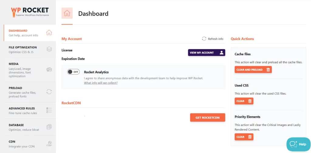 Dashboard of wp rocket