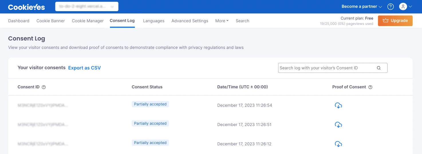 consent log settings screenshot