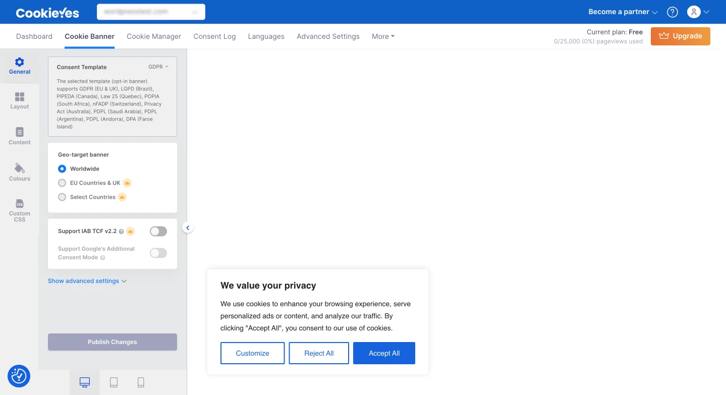 screenshot of cookie banner settings