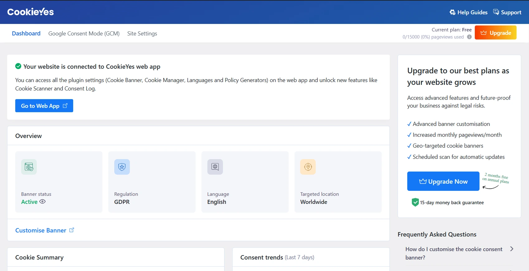 initial dashboard overview of cookieyes plugin