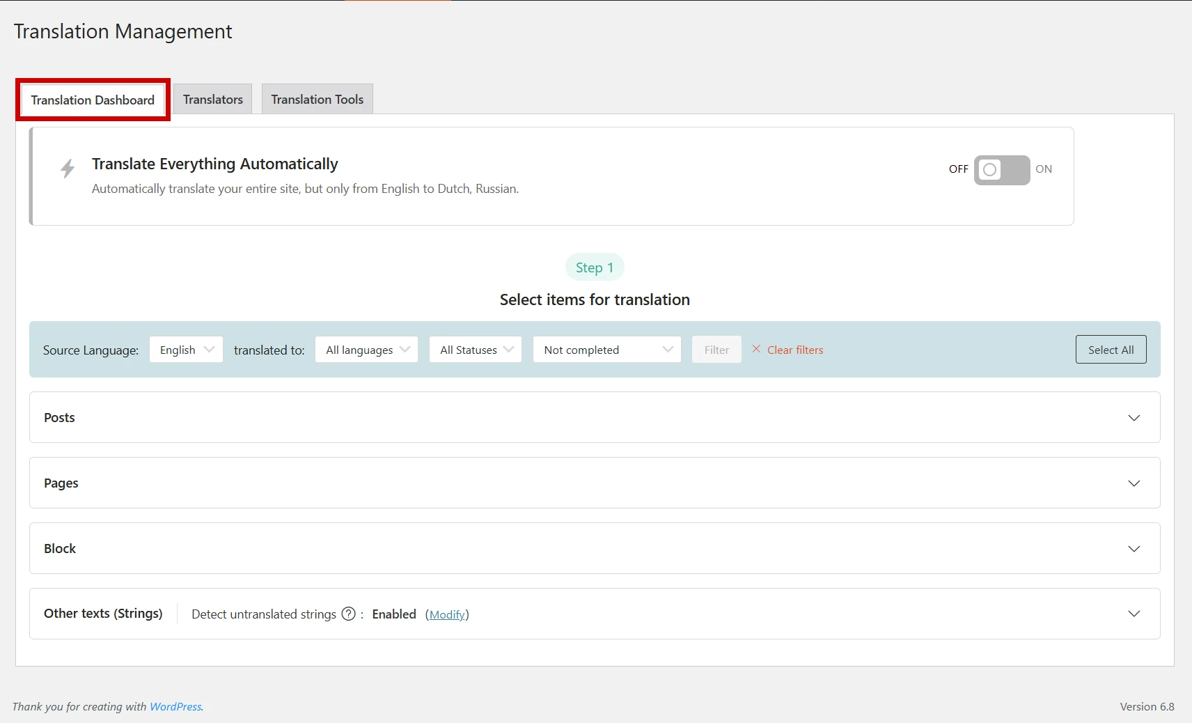 screenshot of translation dashboard