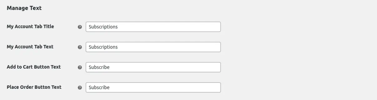 screenshot of manage text settings