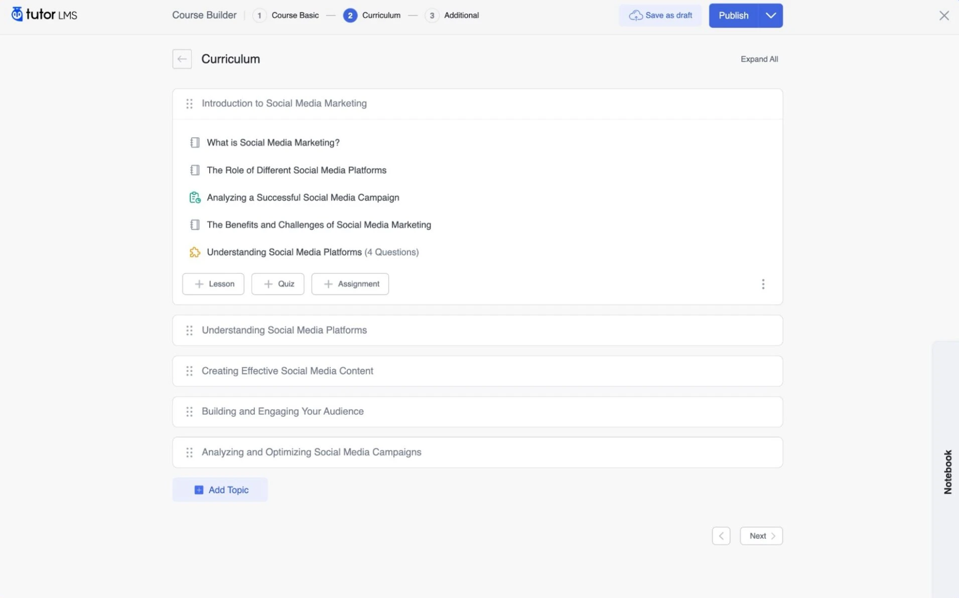 screenshot of adding and managing topics