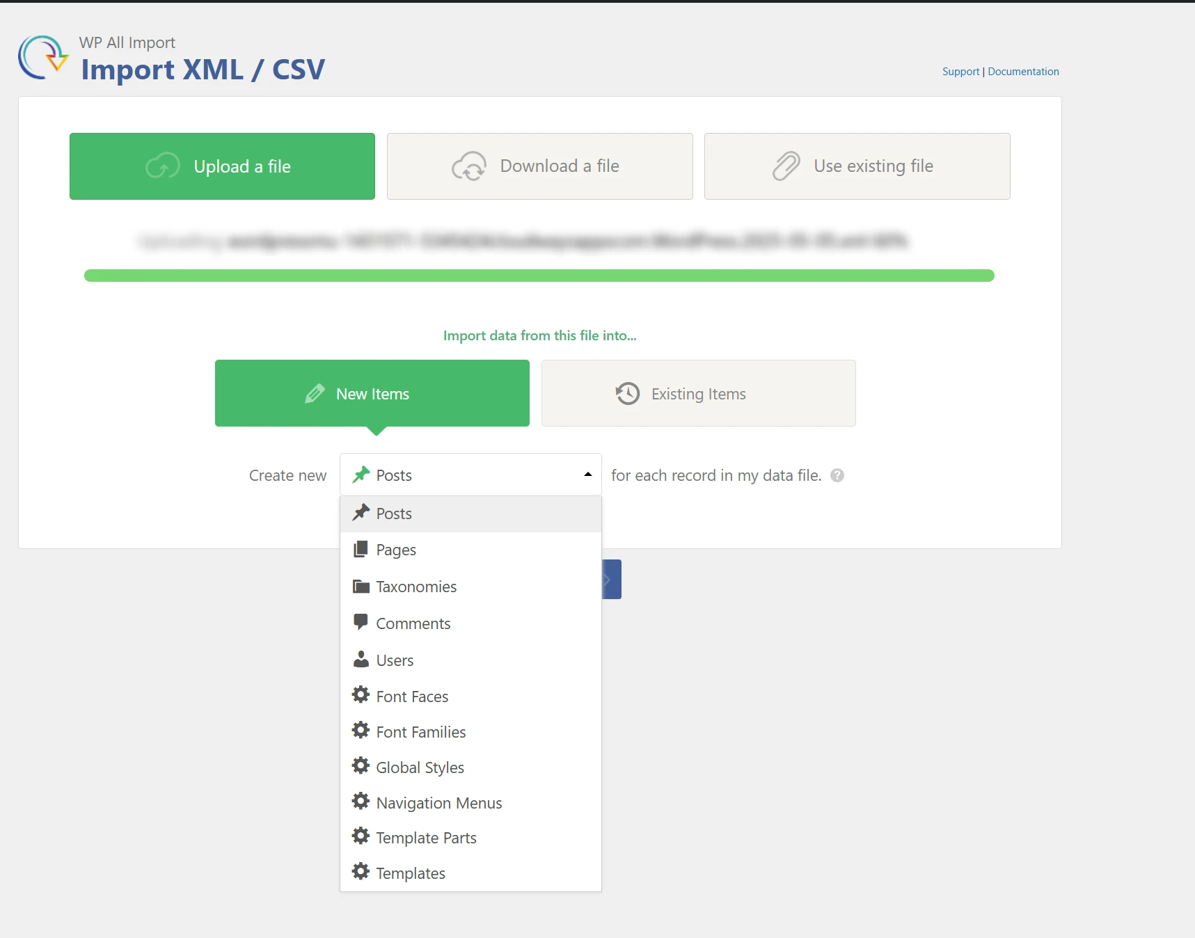 screenshot showing choosing of content type and import options.