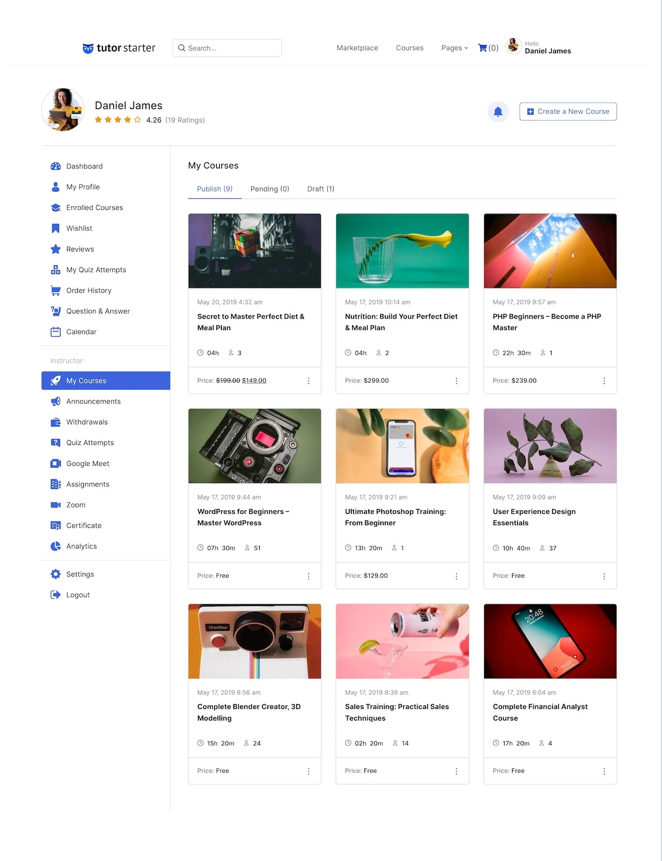 screenshot of frontend dashboard overview with instructor and admin view