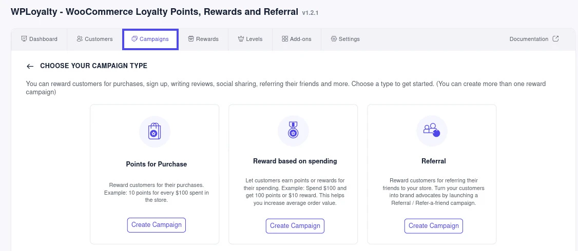 campaigns menu of wployalty