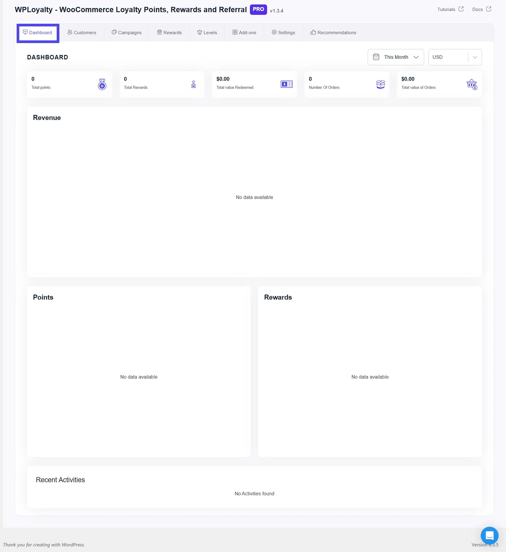 screenshot of the wployalty dashboard