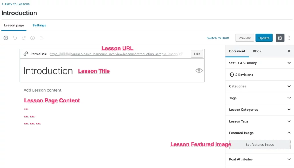 Learndash lesson overview screenshot