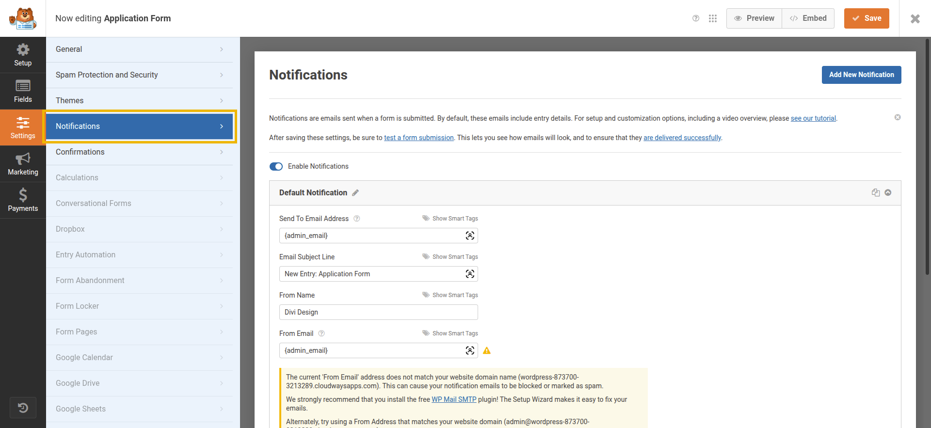screenshot of WPForms notifications