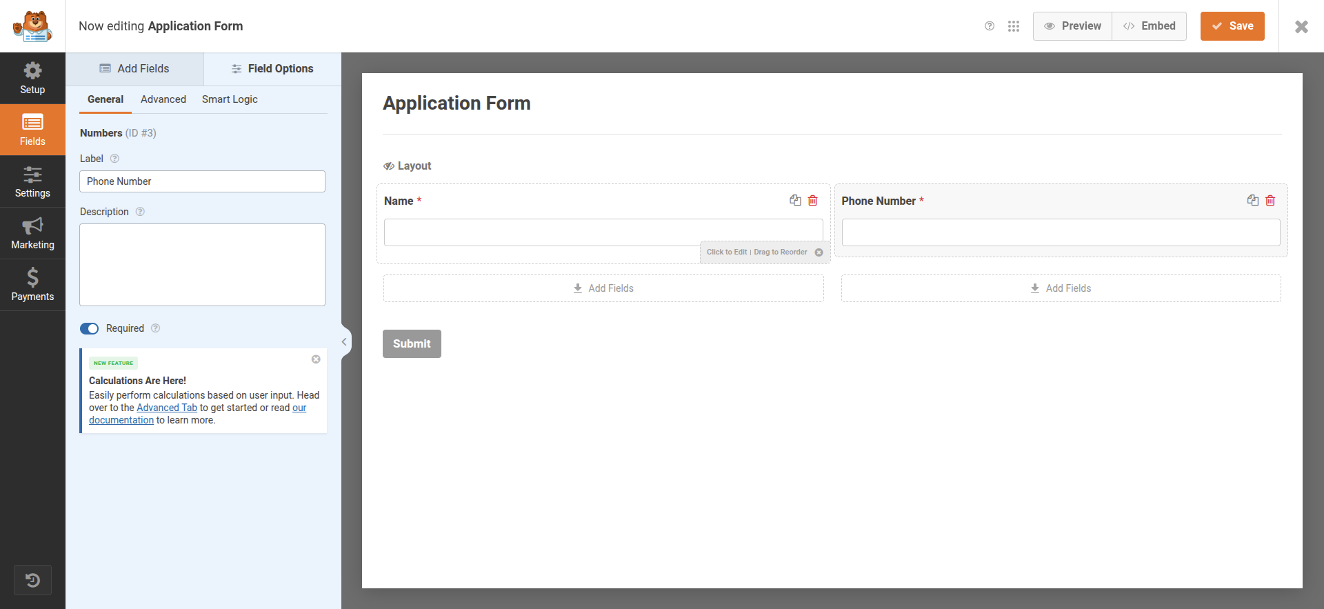 Screenshot of form customization