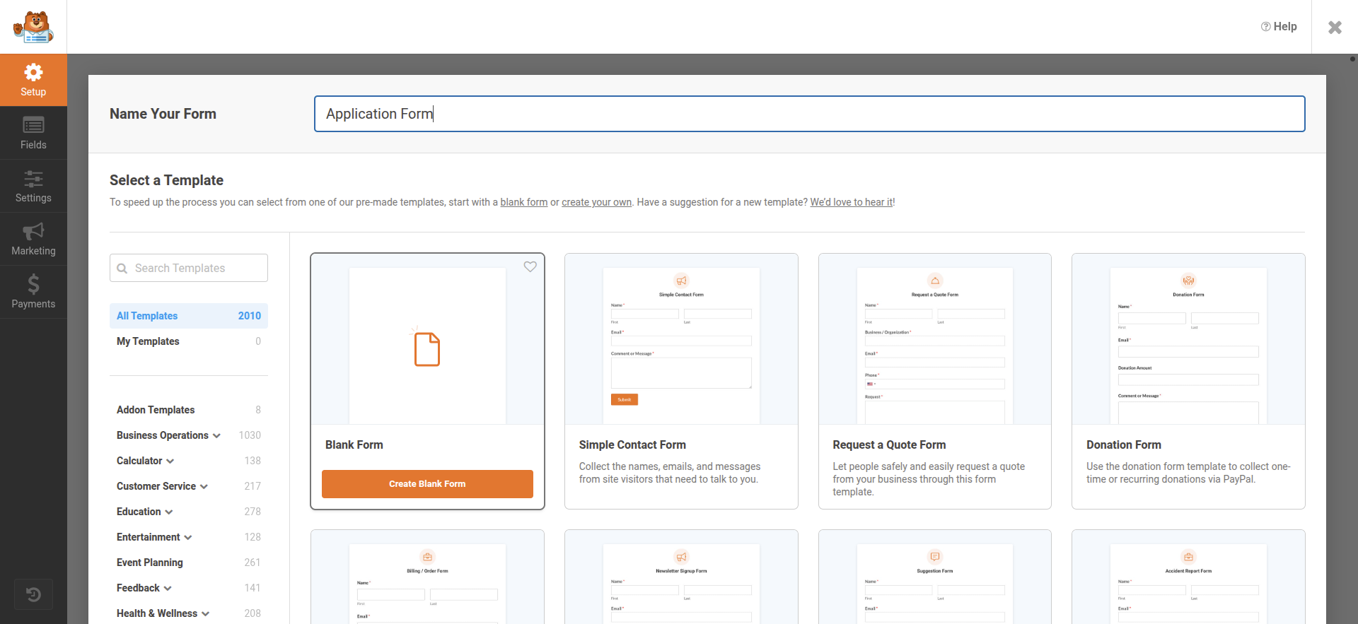 selecting form template