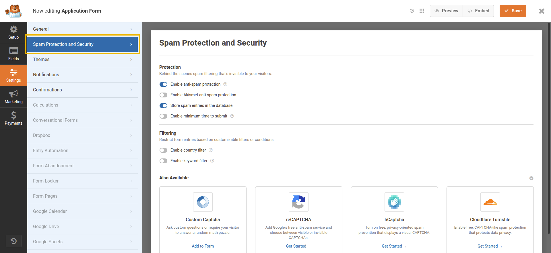 Screenshot of WPForms spam protection and security