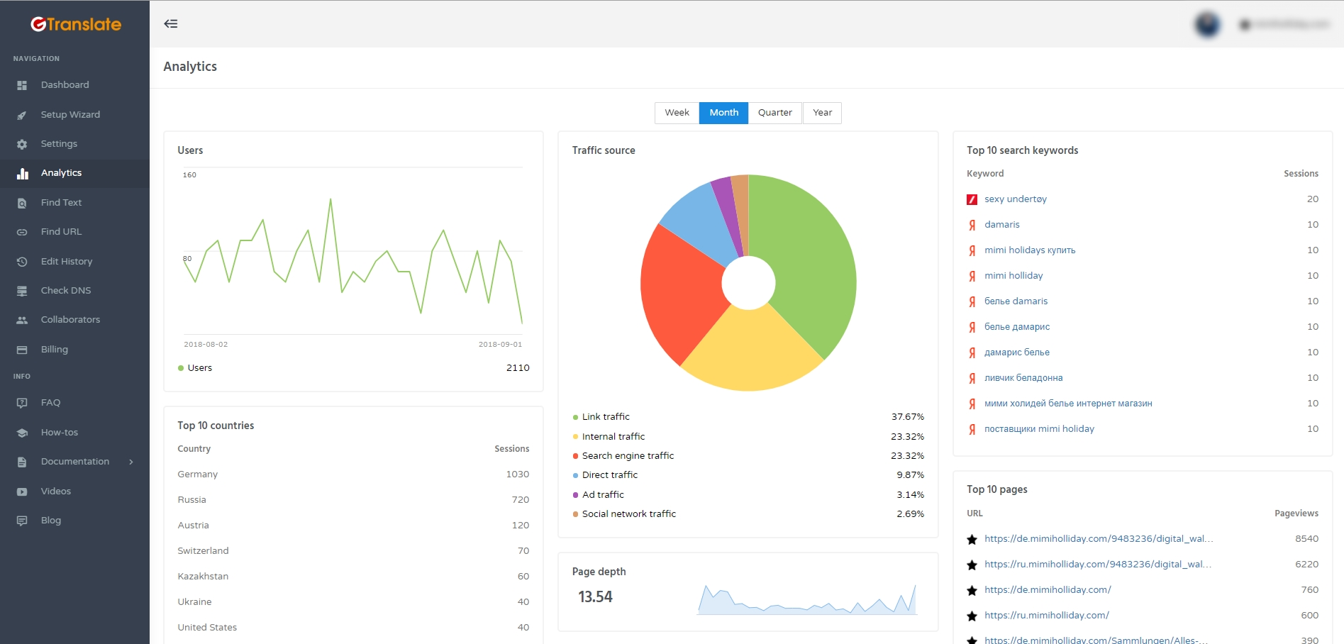 GTranslate analytics screenshot