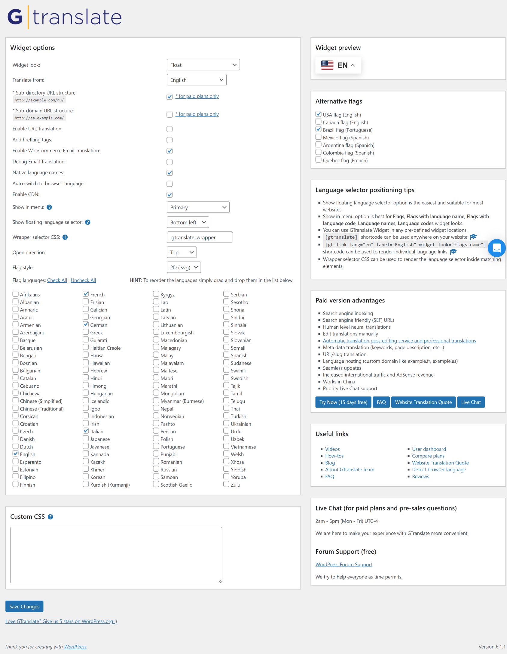 Admin dashboard of GTranslate plugin