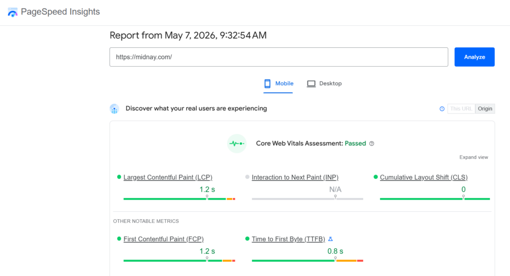 Google Pagespeed test result